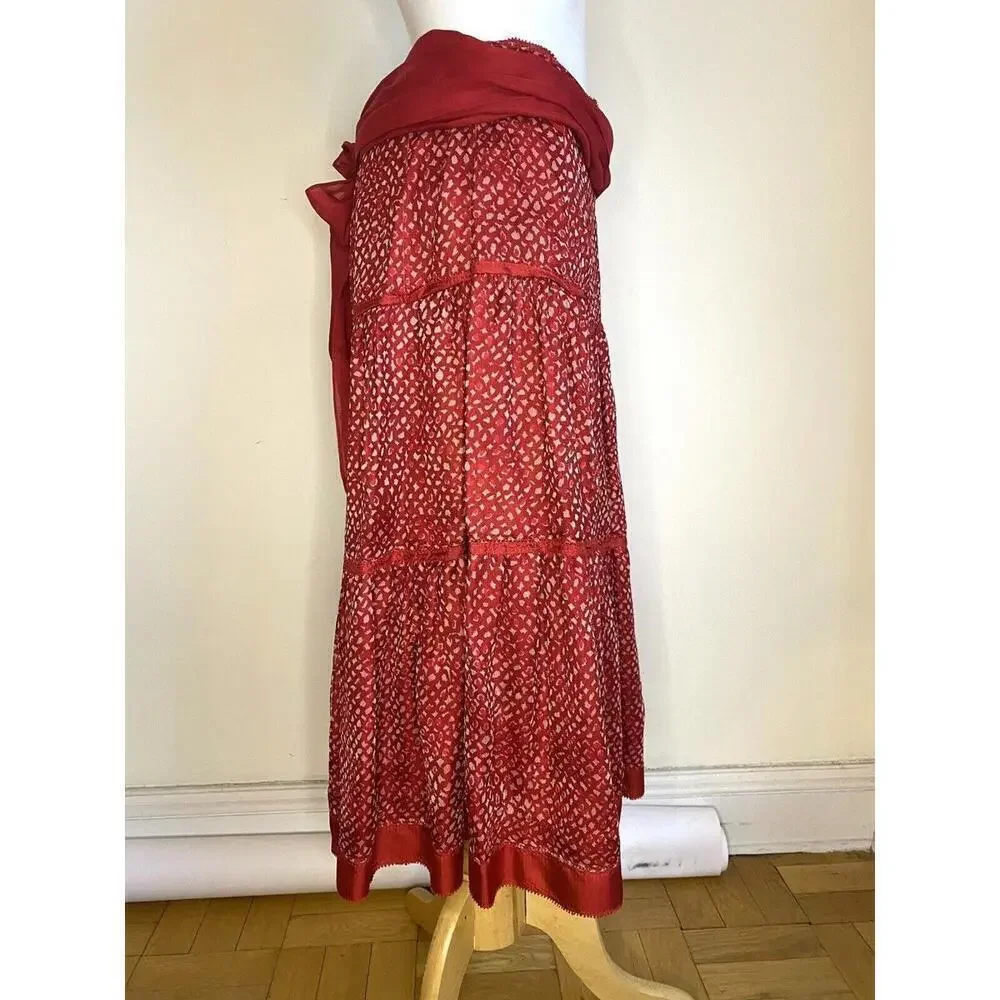 LOUIS VUITTON Below Knee Red Silk Skirt With Belt Rare FR-38